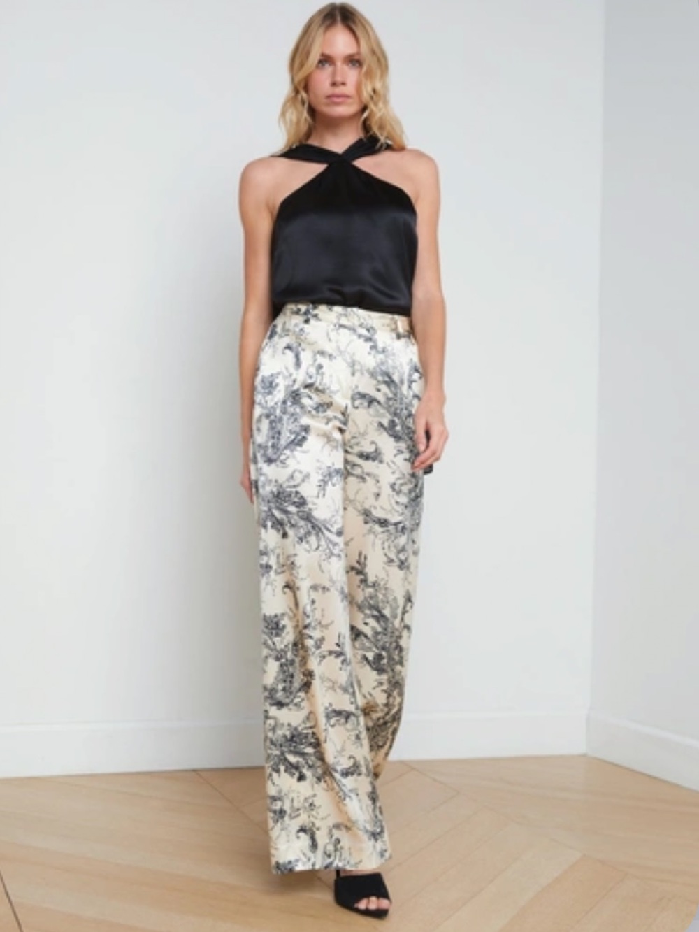 NWT L’Agence Pilar Paisley-Print Wide-Leg Silk Pants in Black & Ecru Size 2